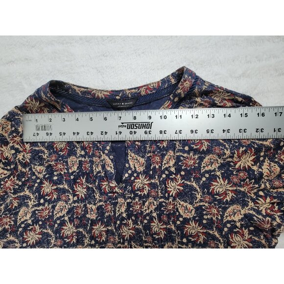 Lucky Brand Womens Floral Boho Print 3/4 Sleeve V-neck Top Large Blue Red Casual - Picture 7 of 9